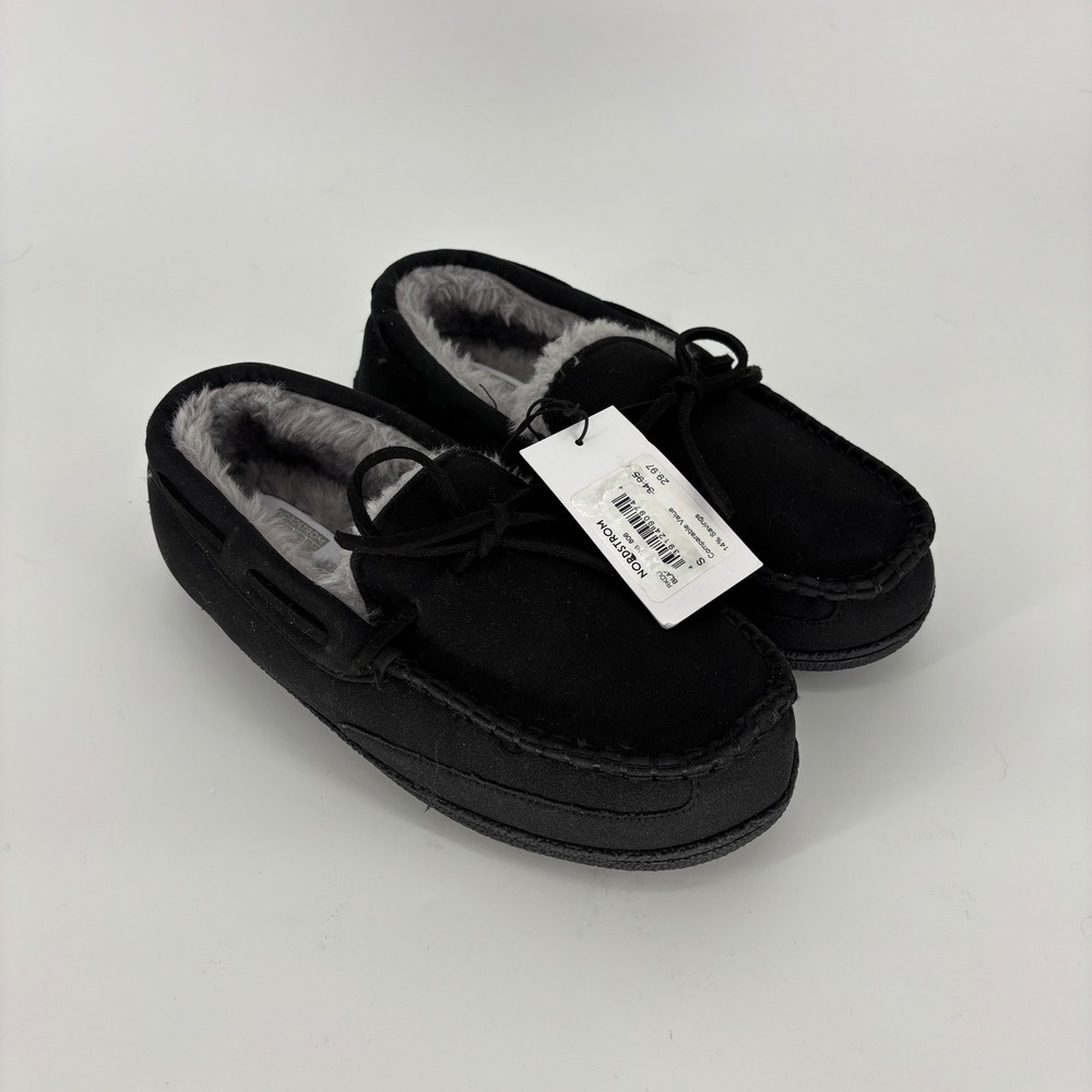 New Nordstrom Rack Dutton Faux Shearling Slippers Black Men Size Small 7-8 Cozy